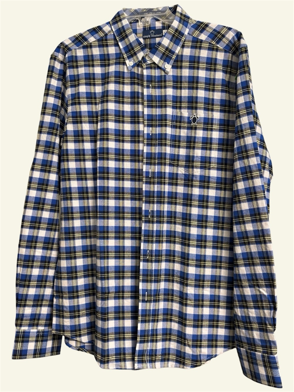 NWOT Simply Southern Men's Blue Plaid Long Sl Cotton Oxford Button Down SZ Lg